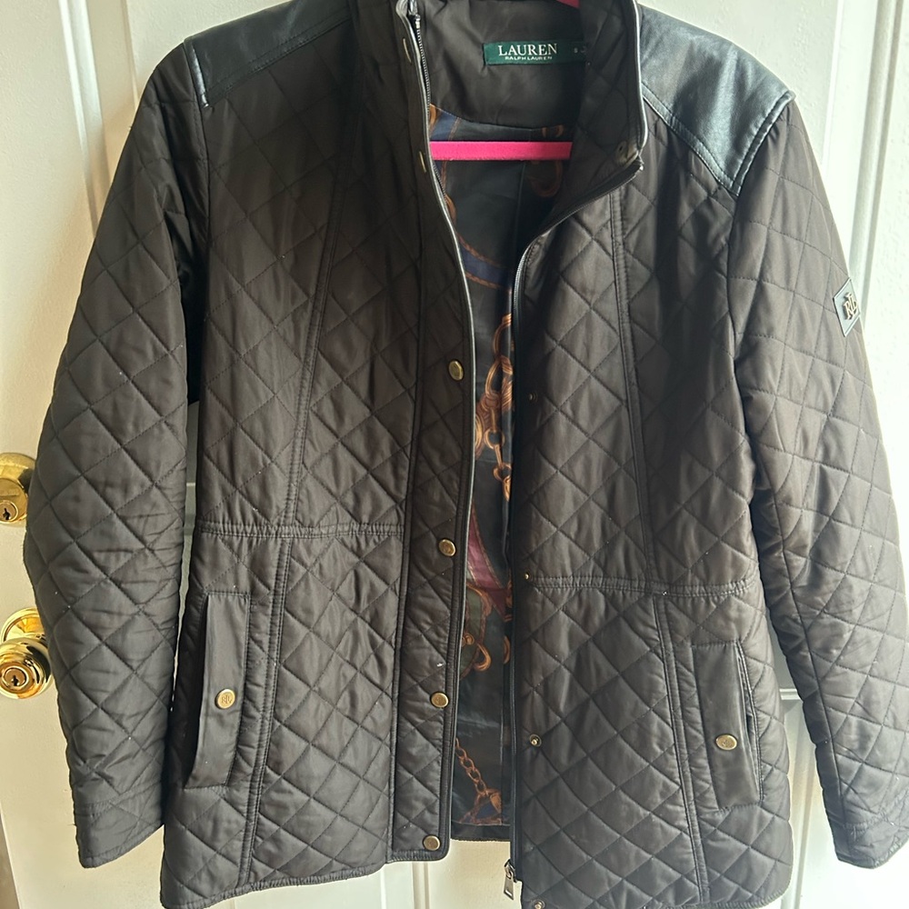 Lauren Ralph Lauren Women’s Faux-Leather Trim Black Quilted Coat - Size Small